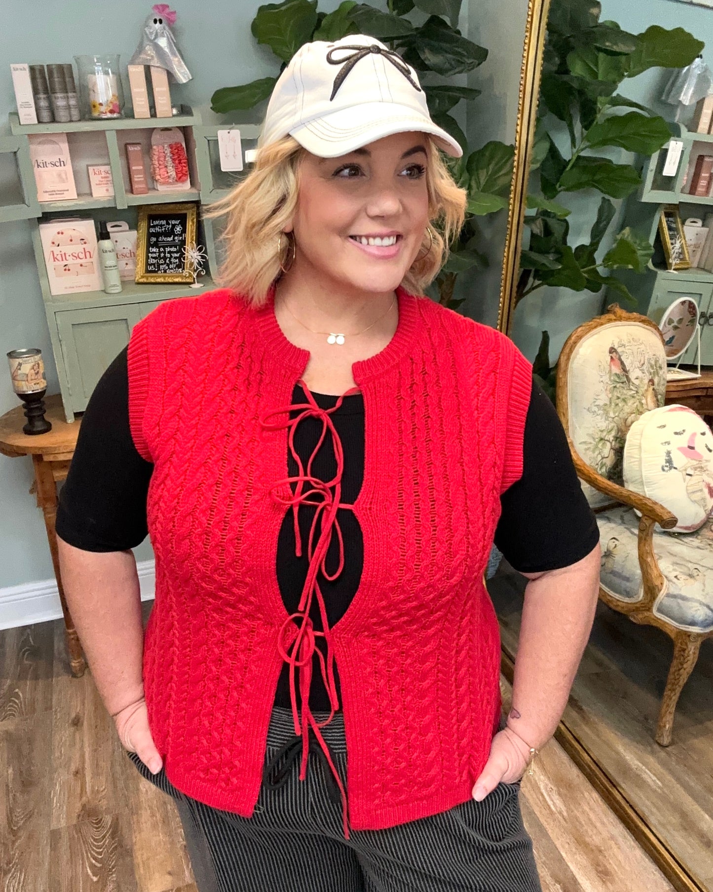 Red Open Front Knitted Vest