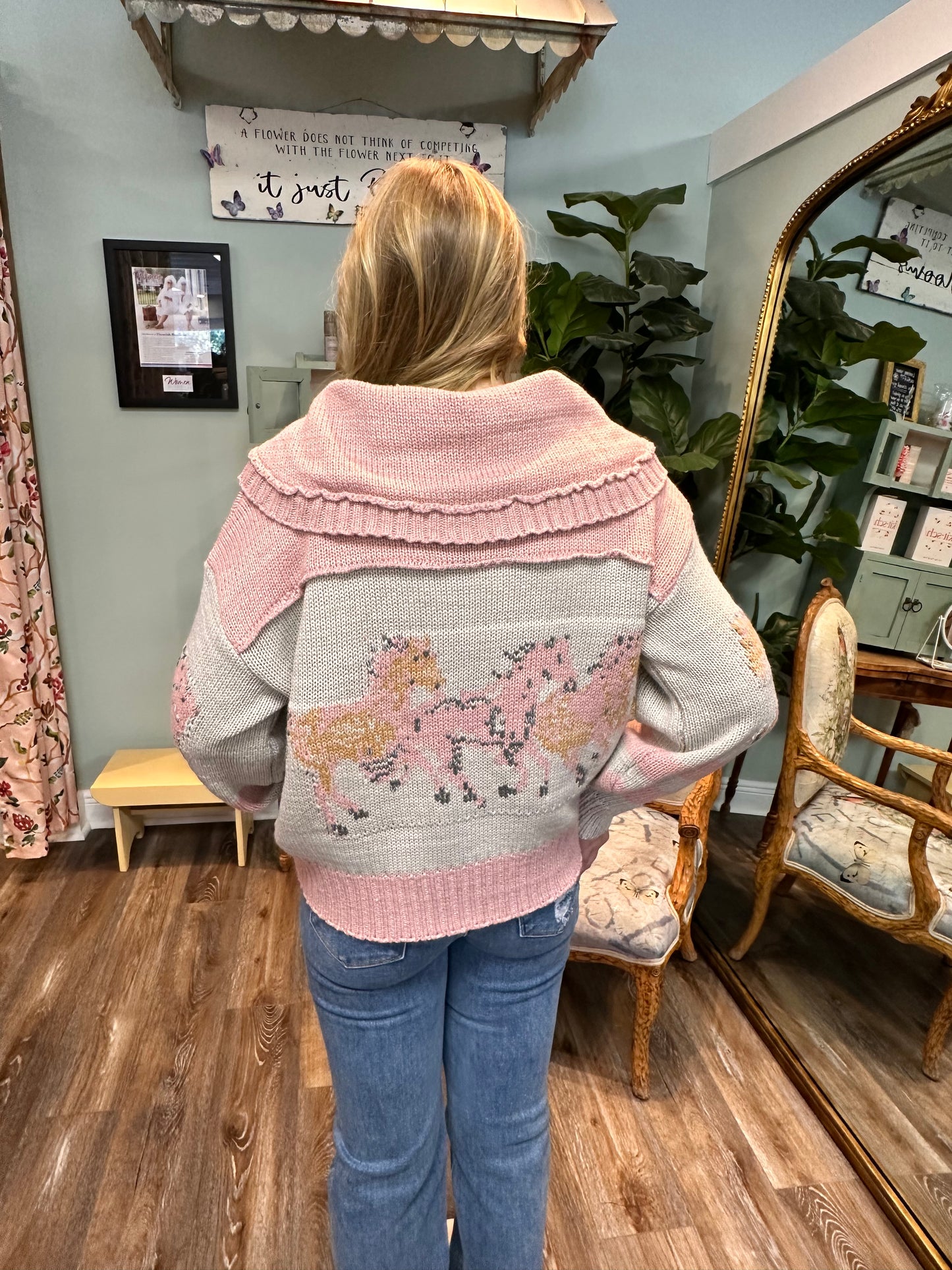 Pink and White Horse Print Sweater