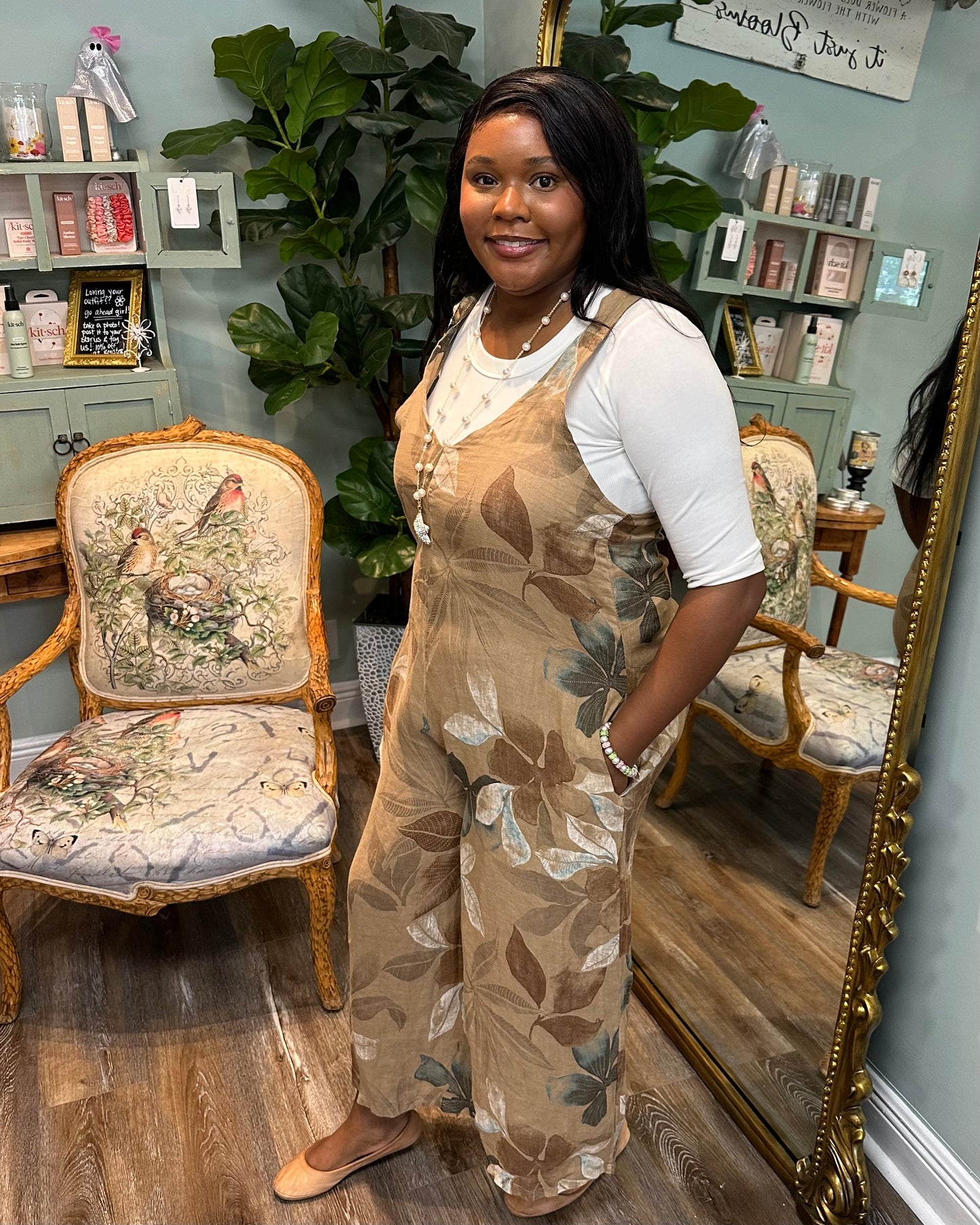 Camel Printed Linen Romper