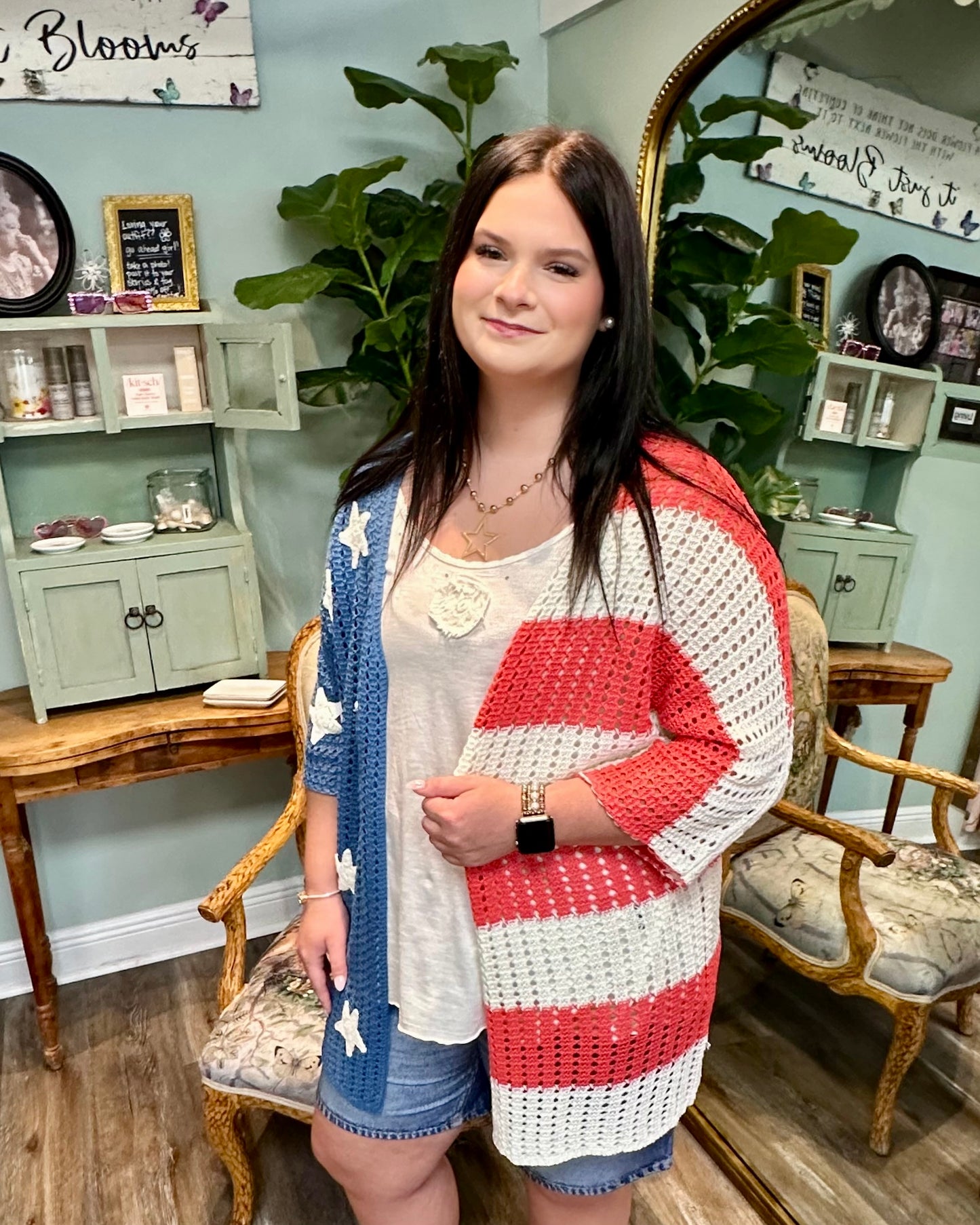 Star Patch American Flag Knit Open Cardigan