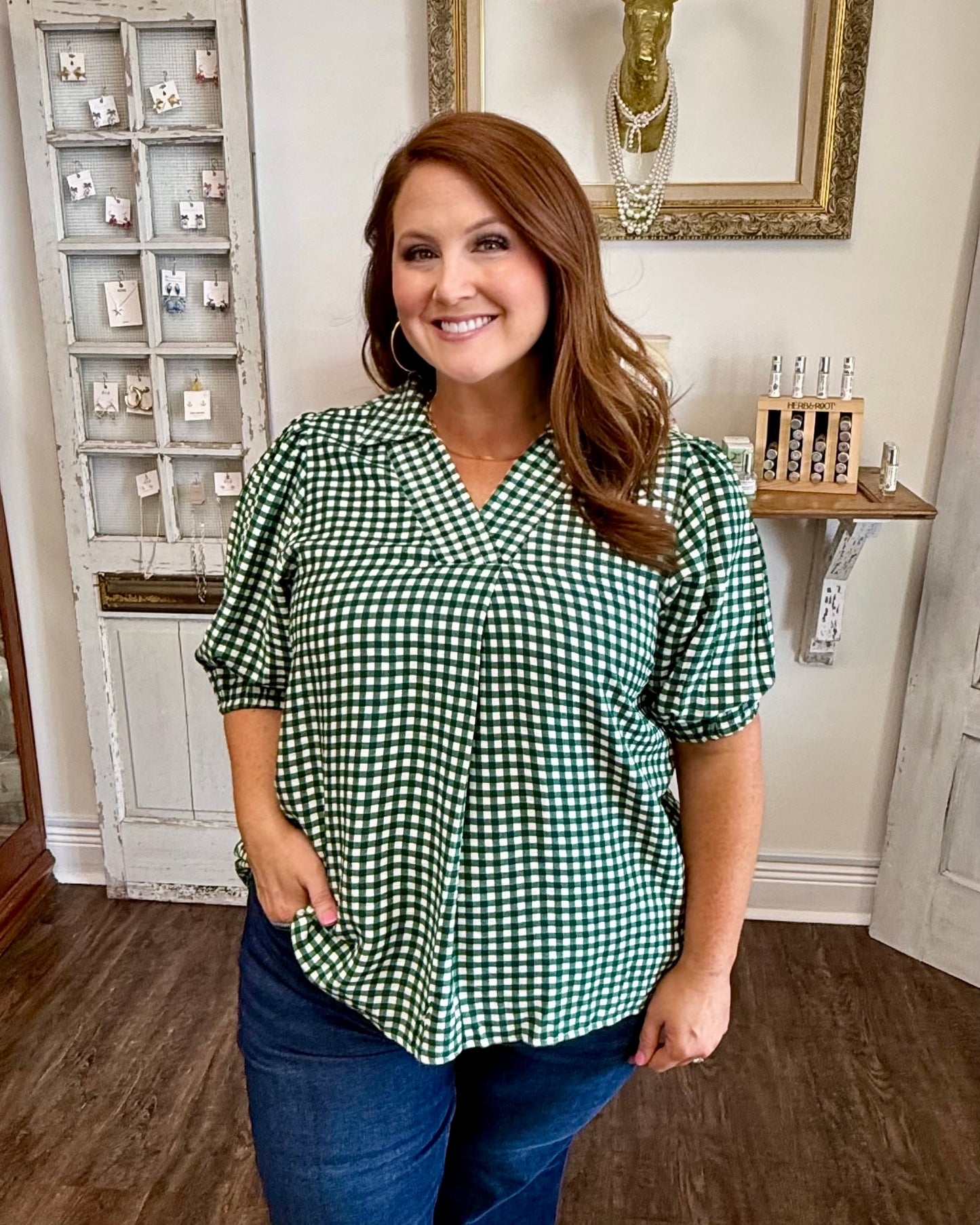Hunter Green Gingham Puff Sleeve