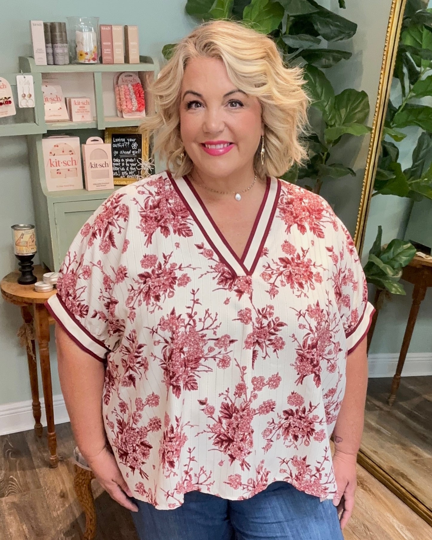 Burgundy Floral Print Dolman Top￼