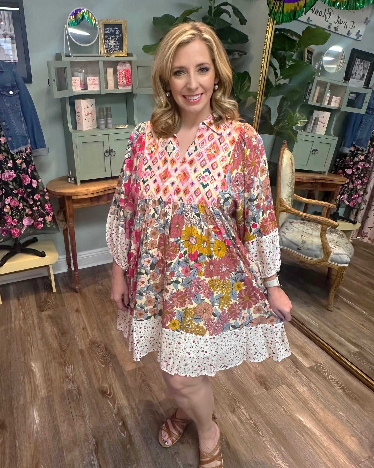 Mix Print Bubble Sleeve Dress