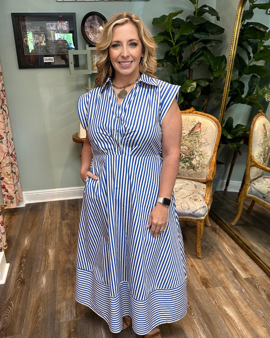 Blue and White Stripe Dress with Tie