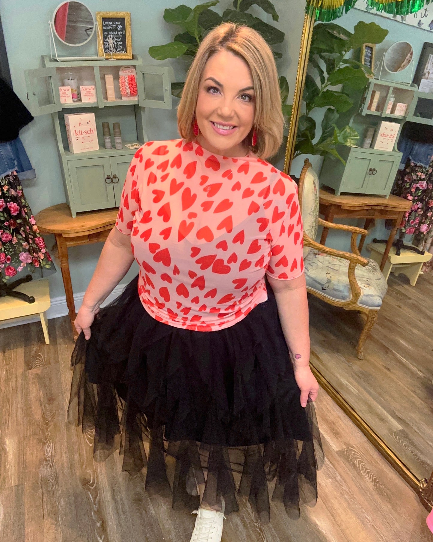 Pink and Red Heart Mesh Top