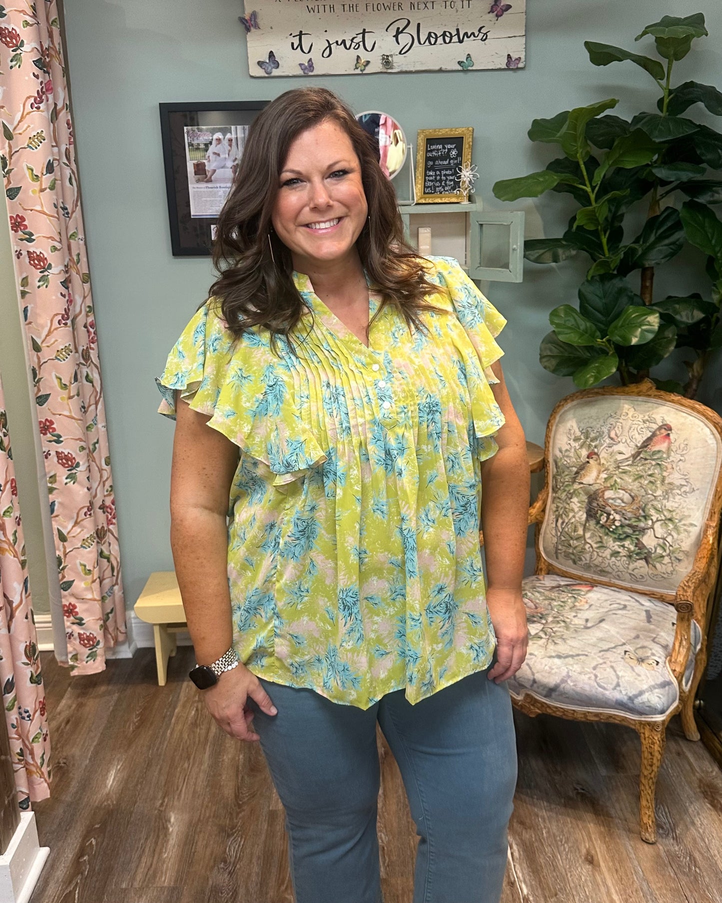 Lime Green Print Top with Ruffle Sleeves