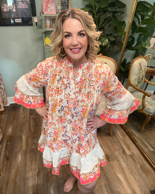 Ivory/Orange Multi Print Dress