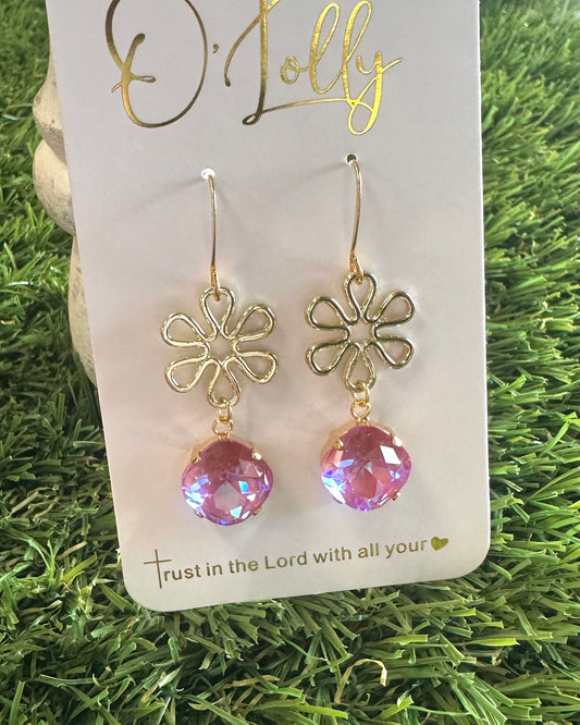 Flower With Pink Stone Dangle Earring