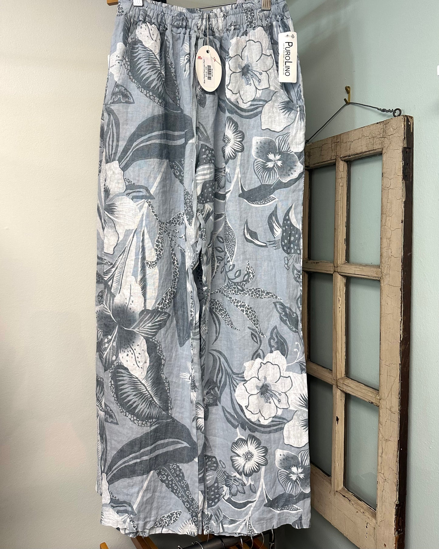 Blue Floral Print Linen Pant