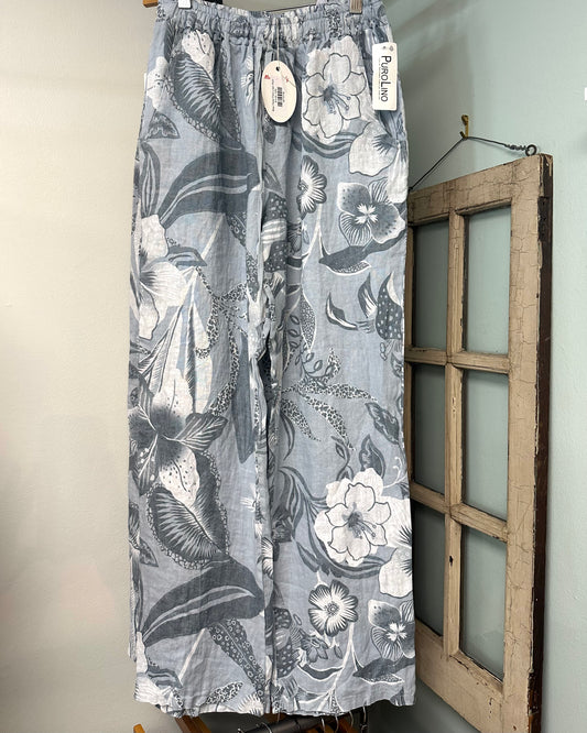 Blue Floral Print Linen Pant