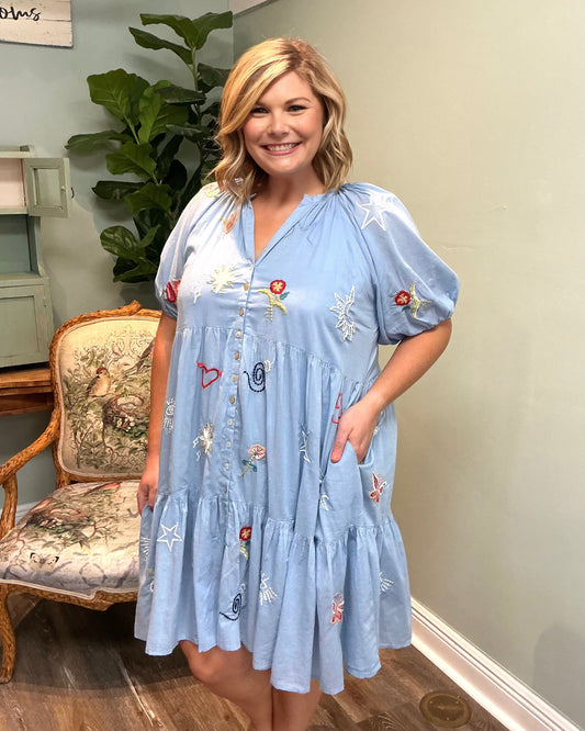 Blue Tiered Embroidered Dress