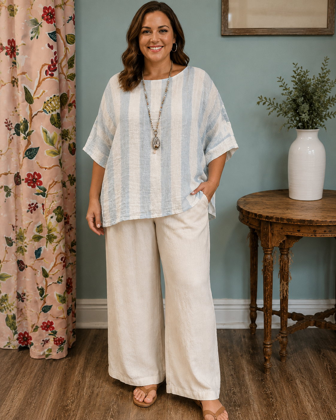 Linen/Gauze Blue Stripe Top