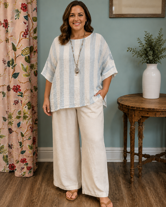 Linen/Gauze Blue Stripe Top