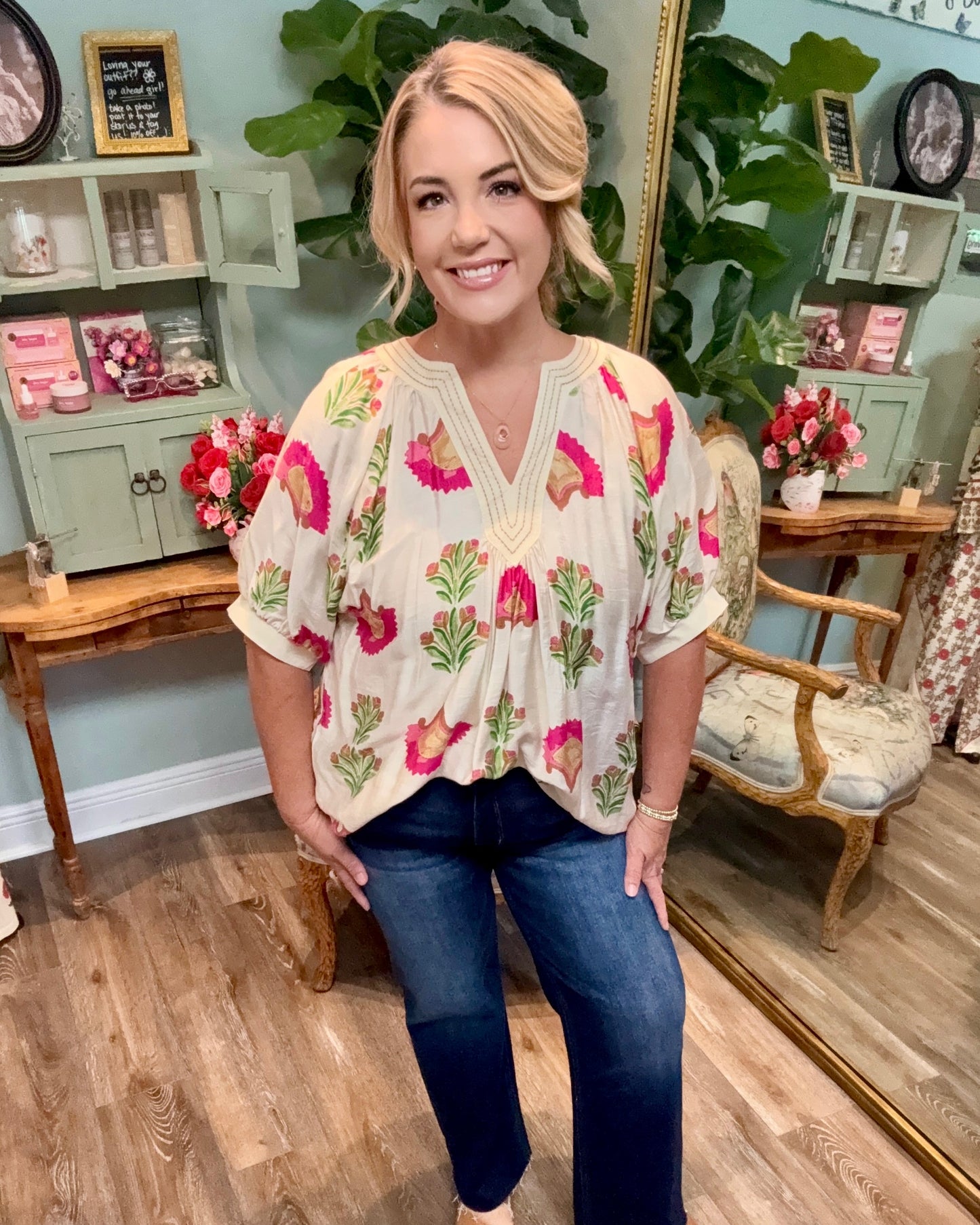 Cream Abstract Print Top