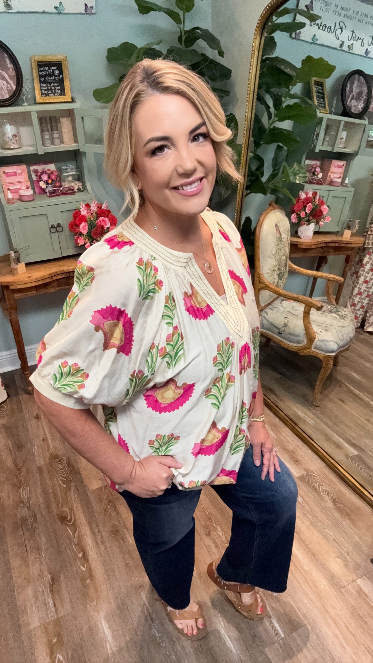 Cream Abstract Print Top