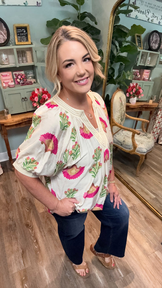 Cream Abstract Print Top