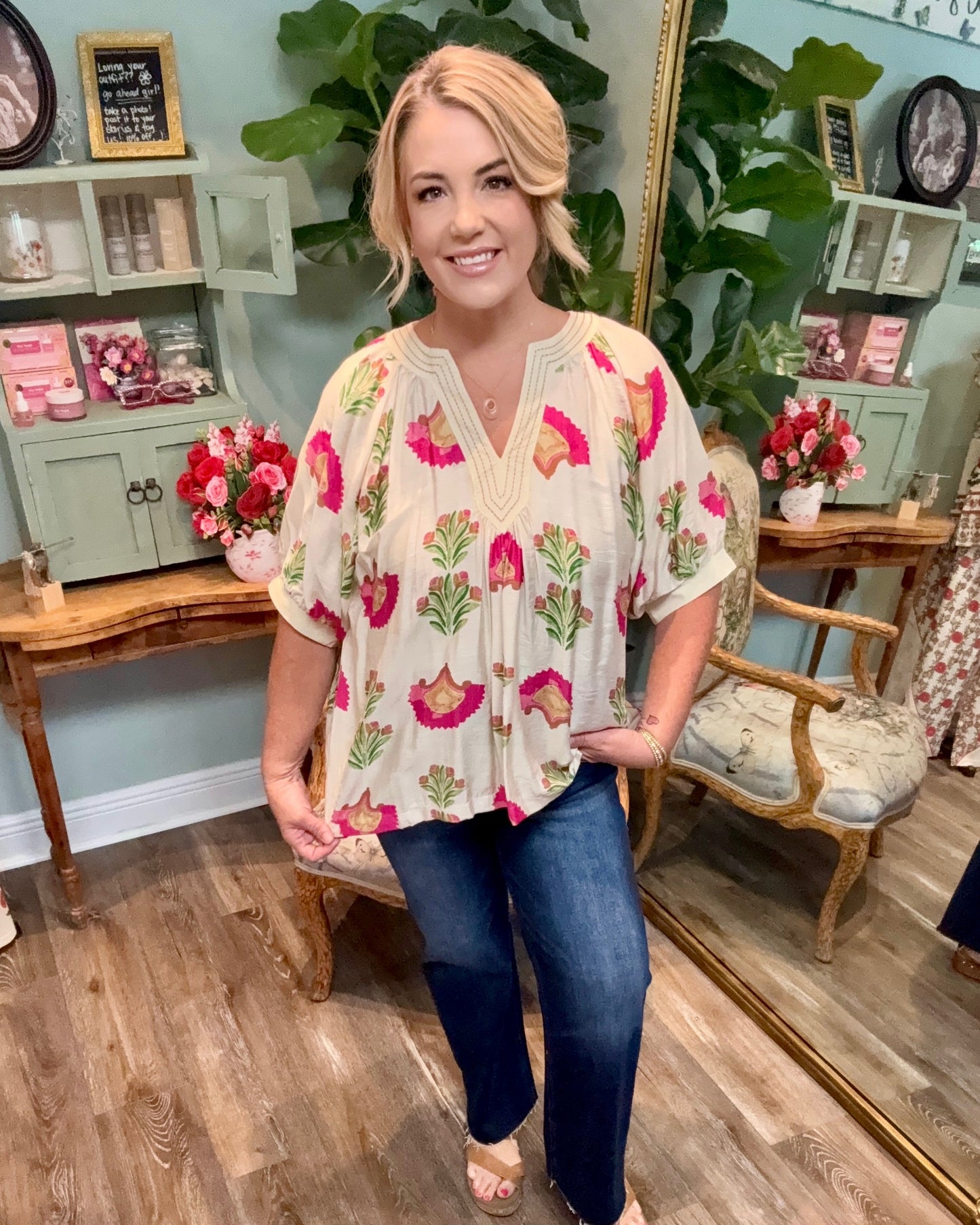 Cream Abstract Print Top