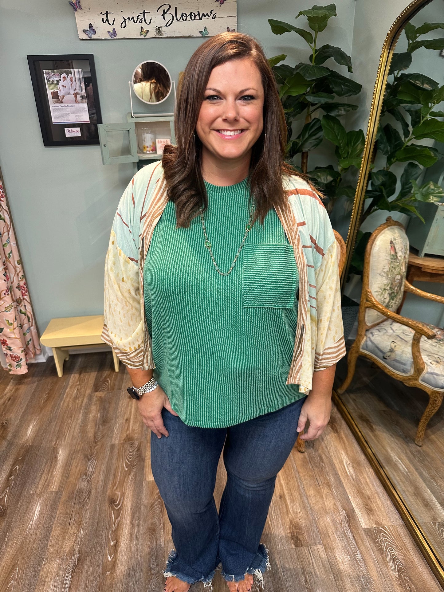 Plus Ribbed Short Sleeve Pocket Top