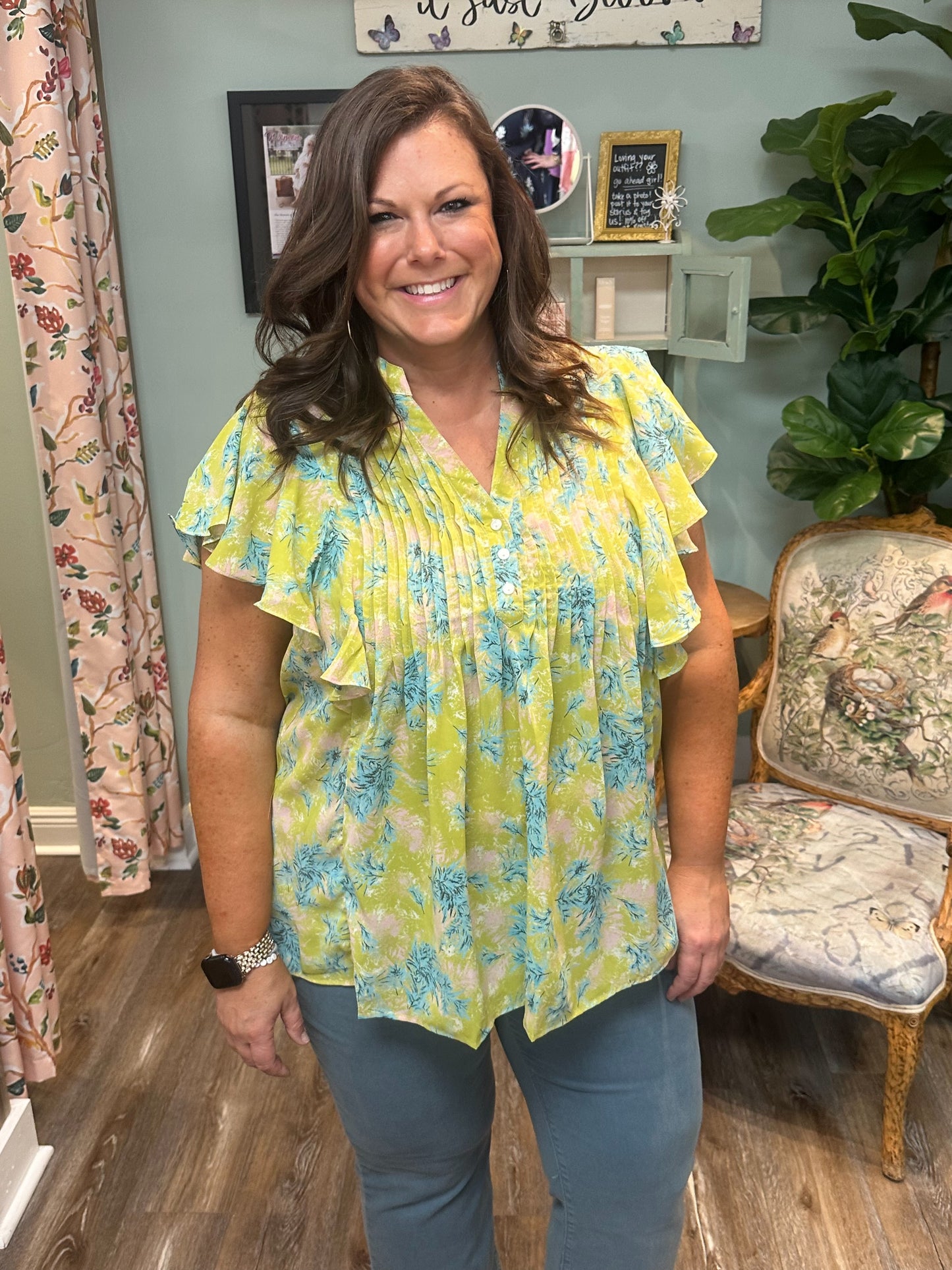 Lime Green Print Top with Ruffle Sleeves