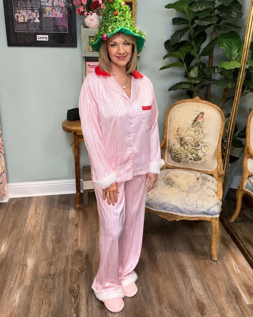 Pink Pin Stripe PJs with Fur Hem