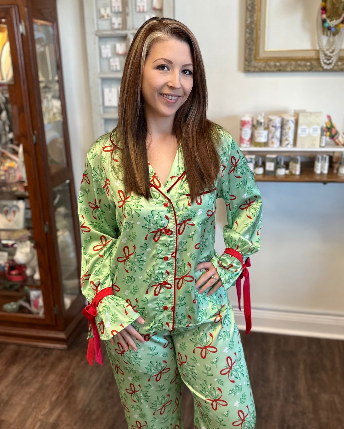 Green Satin Mistletoe PJ Set