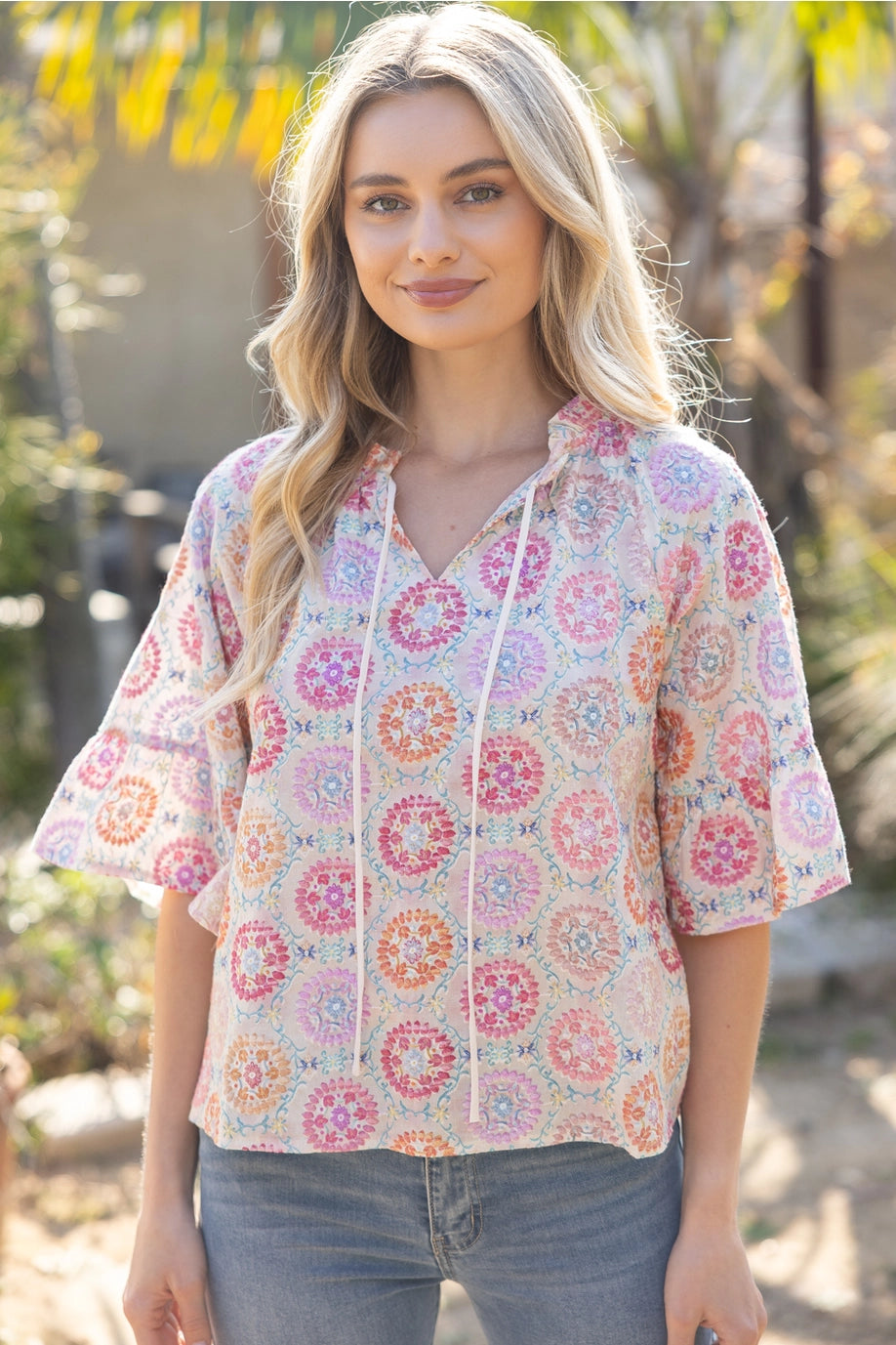 Raglan Wide Sleeve Floral Embroidered Top