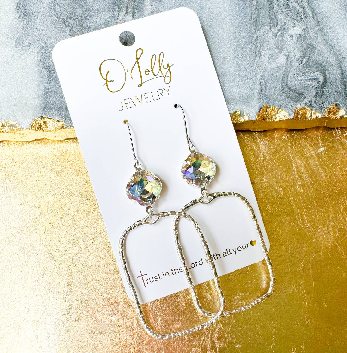 Clear Stone w/Gold Textured Rectangle Earrings