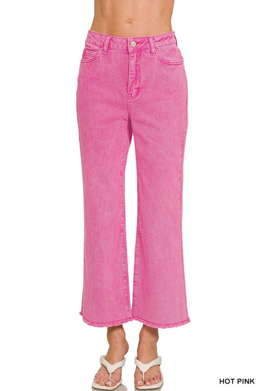 Acid Washed High Waist Frayed Hem Bootcut Pants