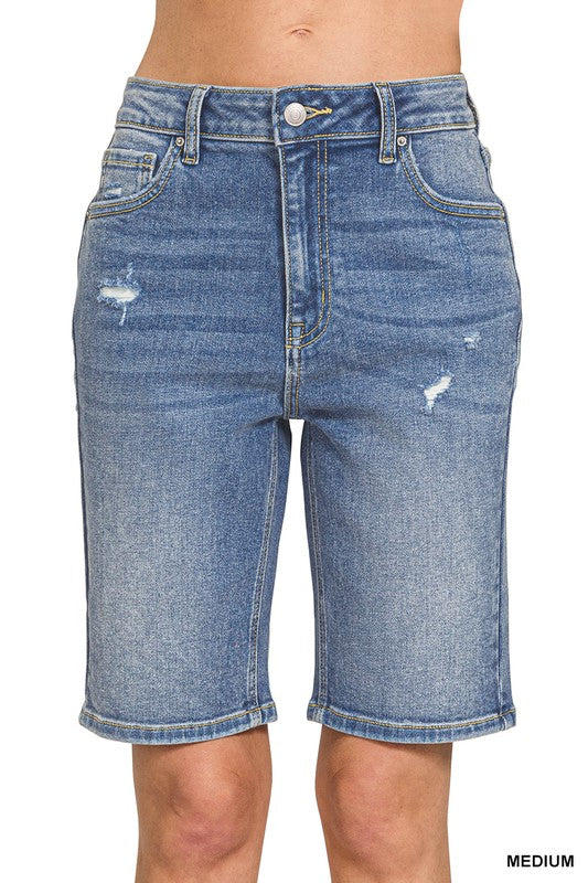 High Waist Bermuda Shorts - Medium Wash